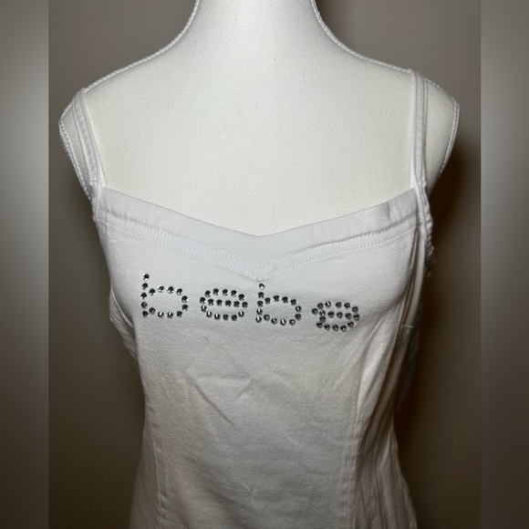 NWT bebe White Rhinestone Logo Bodycon Mini Dress Y2K Glam Stretch club sexy M - Picture 2 of 11